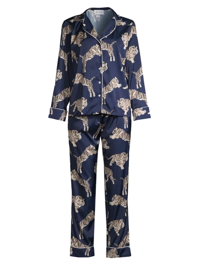 Averie Sleep Two-piece Tiger Print Pajama Set In Navy Blue