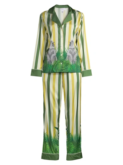 Averie Sleep Women's Two-piece Stripes & Jungle Print Pajama Set In Olive Gold