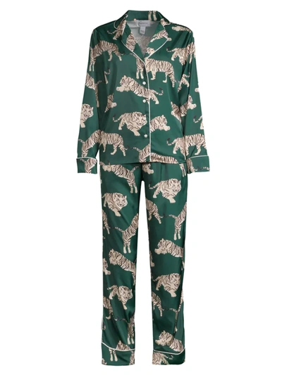 Averie Sleep Two-piece Tiger Print Pajama Set In Emerald Green