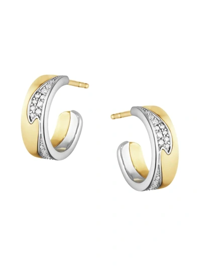 Georg Jensen 18k White & Yellow Gold Fusion Diamond Pave Wavy Small Hoop Earrings In White/gold, 0.18 Ct. T.w.
