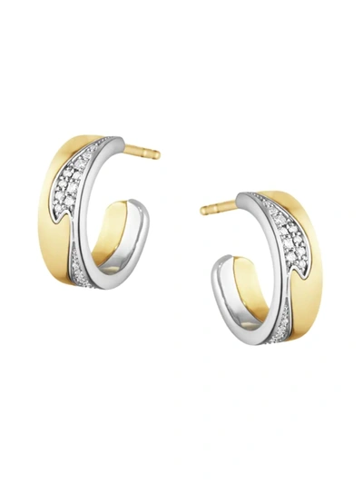 Georg Jensen 18k White & Yellow Gold Fusion Diamond Pave Wavy Small Hoop Earrings