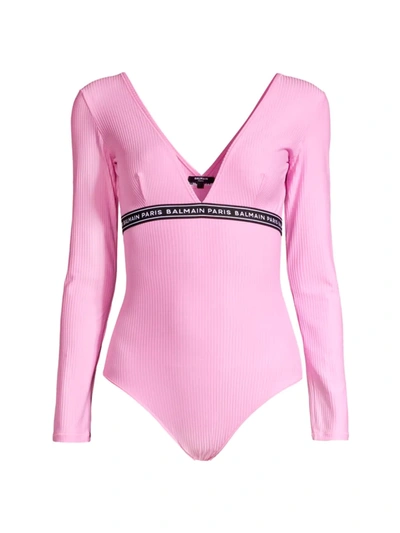 Balmain Long-sleeve Ribbed Microfiber Bodysuit In Light Pink