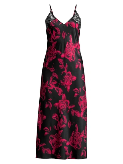 Natori Floral-print Silk Nightgown In Black Red Combo