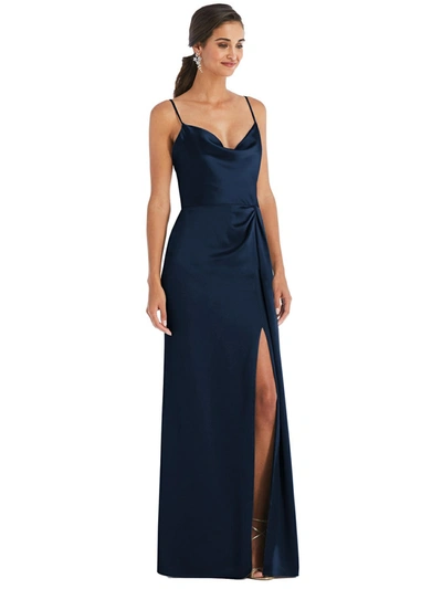 Dessy Collection Cowl-neck Draped Wrap Maxi Dress With Front Slit In Blue