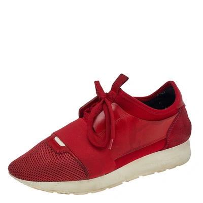 Pre-owned Balenciaga Red Mesh And Leather Race Runner Low Top Sneakers Size 39