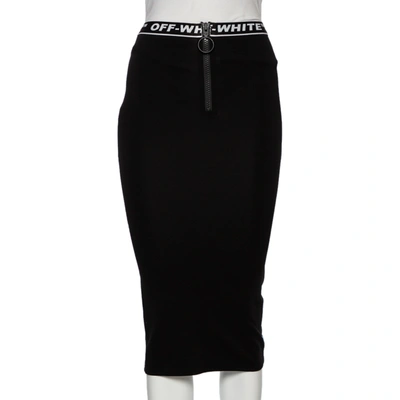 Pre-owned Off-white Black Perforated Lycra Logo Trimmed Midi Skirt Xs (it 36)