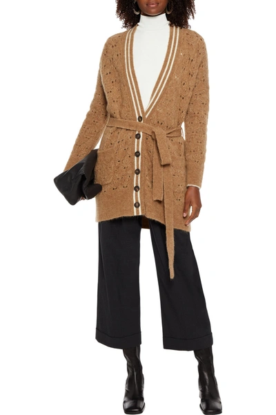 Brunello Cucinelli Belted Brushed Pointelle-knit Cardigan In Light Brown
