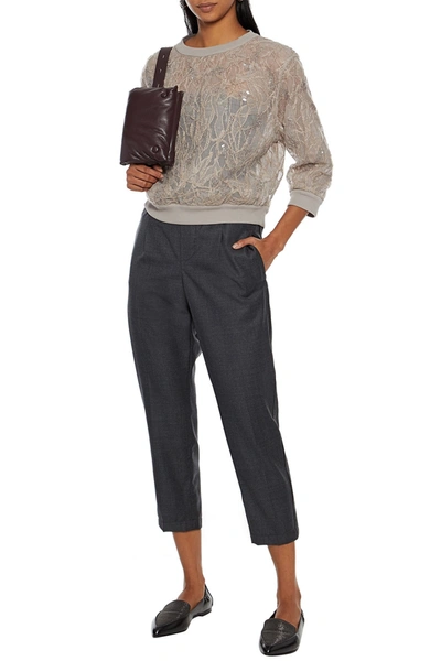 Brunello Cucinelli Cropped Bead-embellished Wool Tapered Trousers In Charcoal