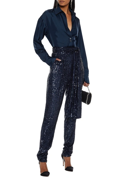 Dundas Belted Sequined Tulle Tapered Trousers In Navy