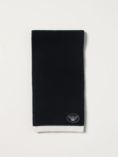 Emporio Armani Scarf In Virgin Wool With Logo In Navy