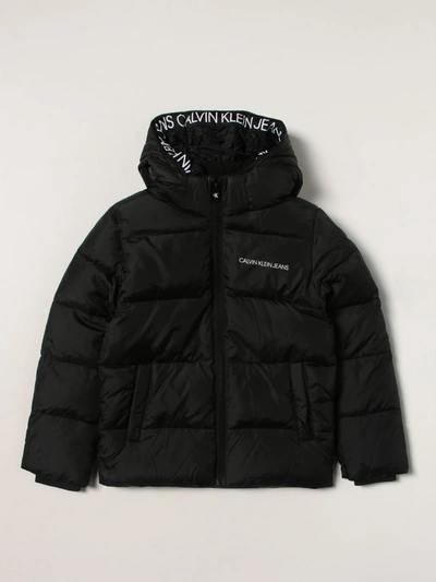 Calvin Klein Kids' Logo-print Hooded Jacket In 黑色