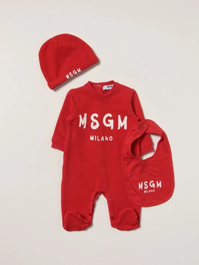 Msgm Babies' Logo-print Long-sleeved Romper In Red