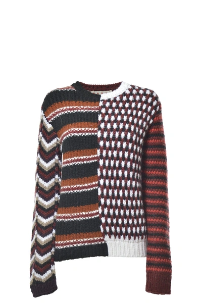 Marni Jacquard Knit-paneled Striped Knitted Sweater In Red