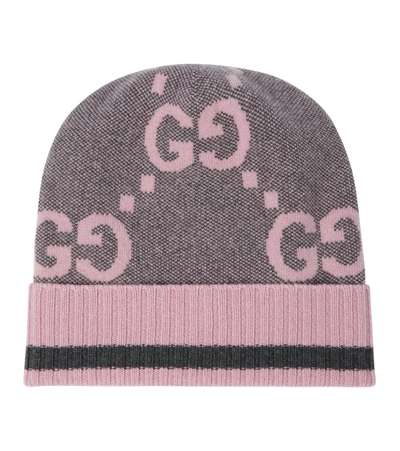 Gucci Grey And Pink Gg Cashmere Beanie Hat