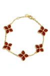 SAVVY CIE JEWELS 18K GOLE VEMEIL RED AGATE FLOWER STATION BRACELET