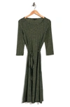 Nina Leonard Three-quarter Sleeve A-line Metallic Ribbed Midi Dress In Deep Pine/ Gold