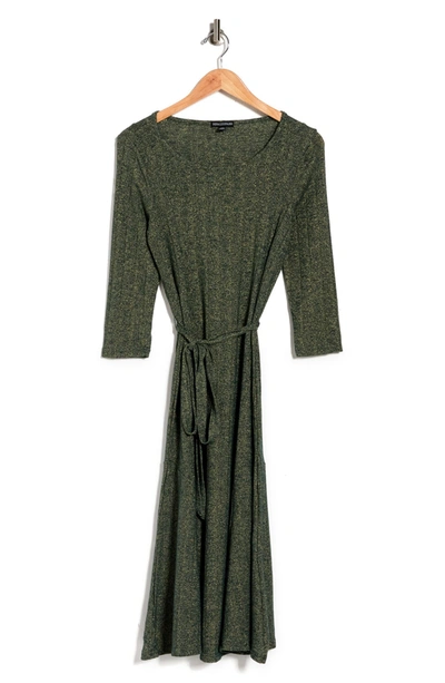 Nina Leonard Three-quarter Sleeve A-line Metallic Ribbed Midi Dress In Deep Pine/ Gold