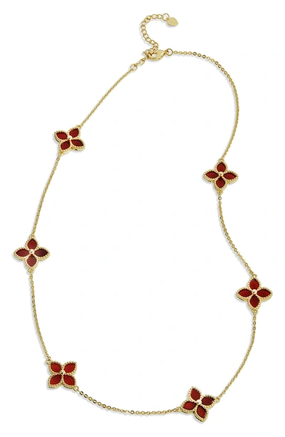 SAVVY CIE JEWELS SAVVY CIE JEWELS 18K YELLOW GOLD VERMEIL RED AGATE FLOWER STATION NECKLACE