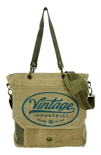 Vintage Addiction Industrial Print Tote Messenger Bag In Olive/khaki