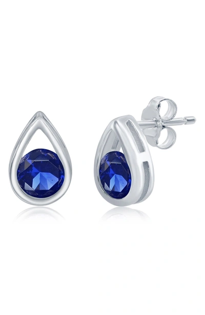 Simona Sterling Silver Round Sapphire Teardrop Stud Earrings In Blue