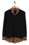 Adrianna Papell Twofer V-neck Sweater In Black W/ Small Cheetah