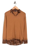 Adrianna Papell Twofer V-neck Sweater In Camel W/ Basic Cheetah