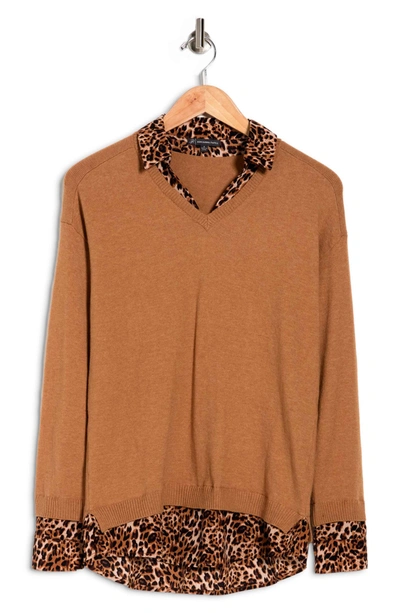 Adrianna Papell Twofer V-neck Sweater In Camel W/ Basic Cheetah