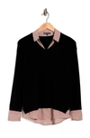 Adrianna Papell Twofer V-neck Sweater In Black W/ Taupe Pin Dot