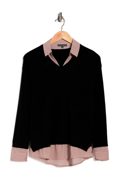 Adrianna Papell Twofer V-neck Sweater In Black W/ Taupe Pin Dot
