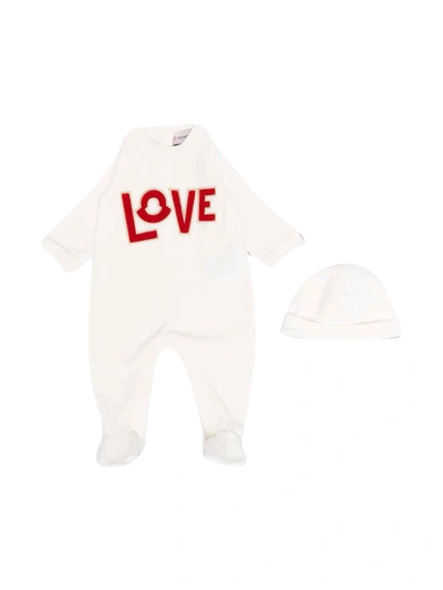 Moncler Babies' Love Logo细节连体衣套装 In Ivory