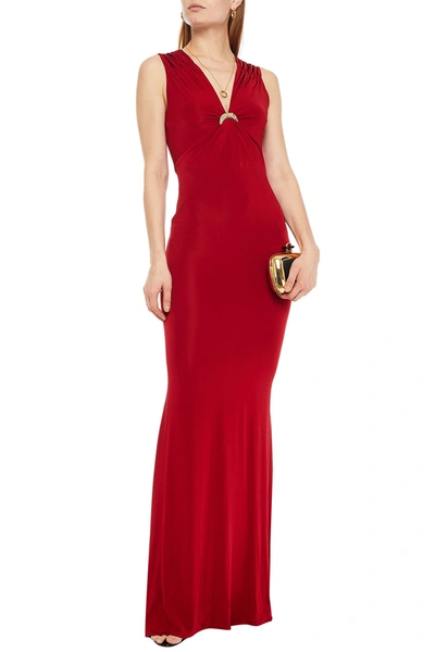 Roberto Cavalli Appliquéd Ruched Stretch-jersey Maxi Dress In Crimson