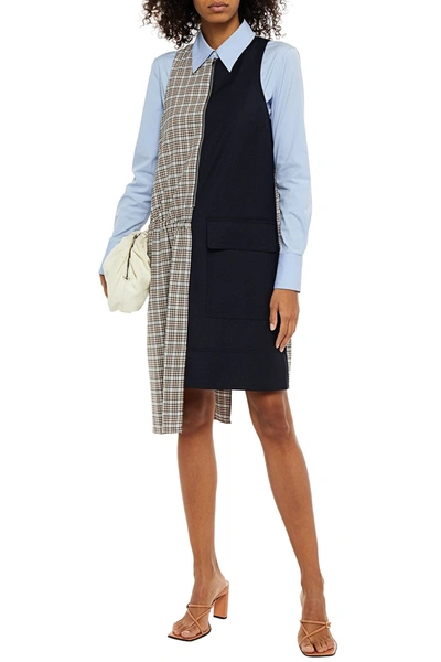 Tibi Asymmetric Paneled Checked Twill And Woven Mini Dress In Midnight Blue