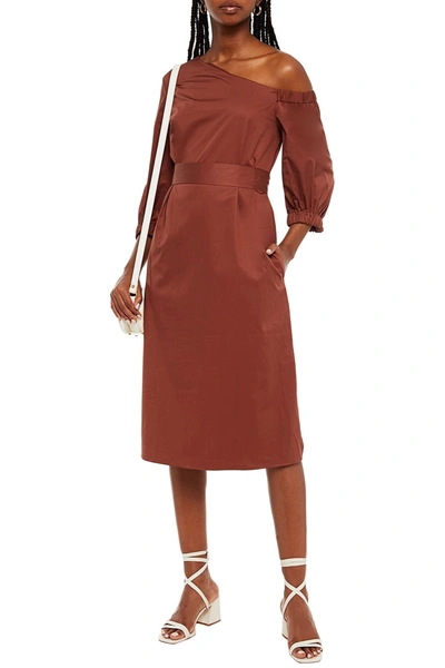 Tibi One-shoulder Cotton-sateen Midi Dress In Brown