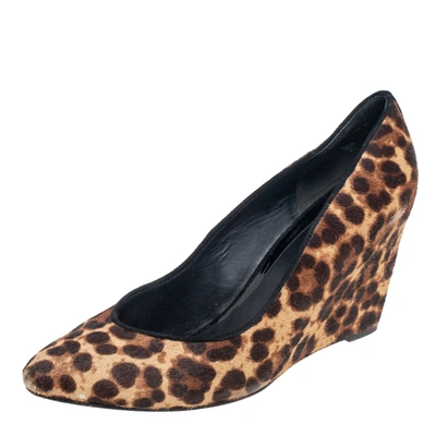 Pre-owned Brian Atwood Brown Leopard Print Pony Hair Wedge Pumps Size 39.5