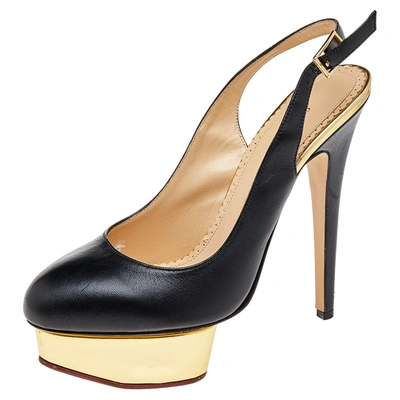 Pre-owned Charlotte Olympia Black Leather Dolly Platform Slingback Pumps Size 38.5