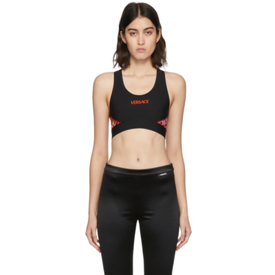 Versace La Greca Monogram Print Sports Bra In Black