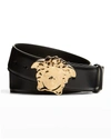 Versace La Medusa Leather Belt Man Belt Black Size 39.5 Calfskin In Black- Gol