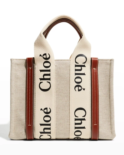 Chloé Woody Small Canvas Tote Crossbody Bag In White/brown