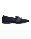Manolo Blahnik Carlton Crystal-embellished Grosgrain-trimmed Suede Loafers In Navy4116