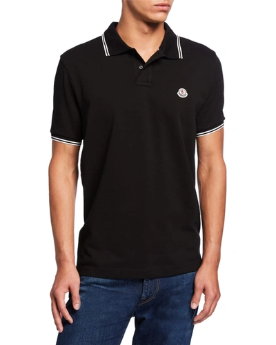Moncler Men's Contrast Stripe Polo Shirt In Black