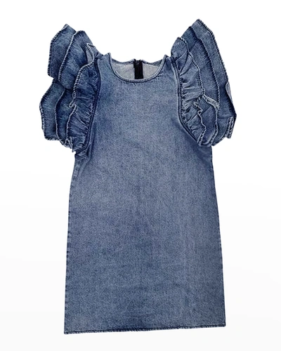 Lola + The Boys Kids' Girl's Ruffle-sleeve Denim Shift Dress In Blue