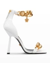 Versace Lamb Leather Heeled Sandals White With Gold Embellsments In Optical White