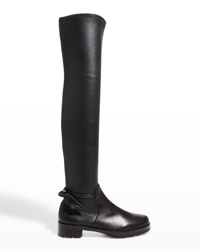 Alexandre Birman Clarita Motorcycle Bow-embellished Stretch-leather Knee Boots In Black