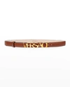 Versace Leather Letter Logo Belt In Brown Gold