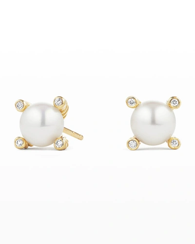 David Yurman Small Cable Pearl Stud Earrings With Diamonds In Gold