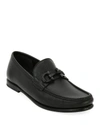 Ferragamo Almond Toe Leather Loafers With Metal Hardware In Black