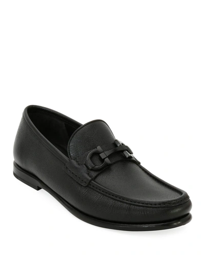 Ferragamo Almond Toe Leather Loafers With Metal Hardware In Hickory