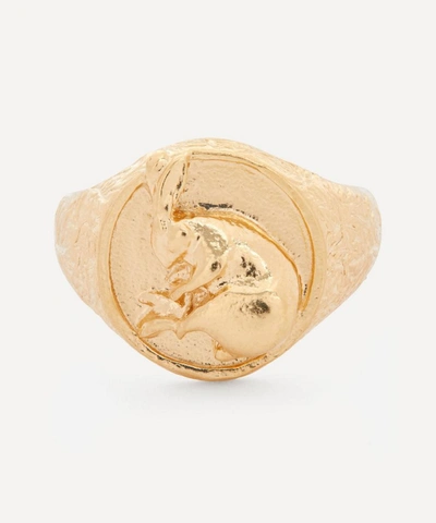 Alex Monroe Gold-plated Engraved Sleeping Hare Signet Ring