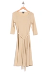 Nina Leonard Three-quarter Sleeve A-line Metallic Ribbed Midi Dress In Gold/ Gold