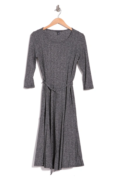 Nina Leonard Three-quarter Sleeve A-line Metallic Ribbed Midi Dress In Black/ Silver